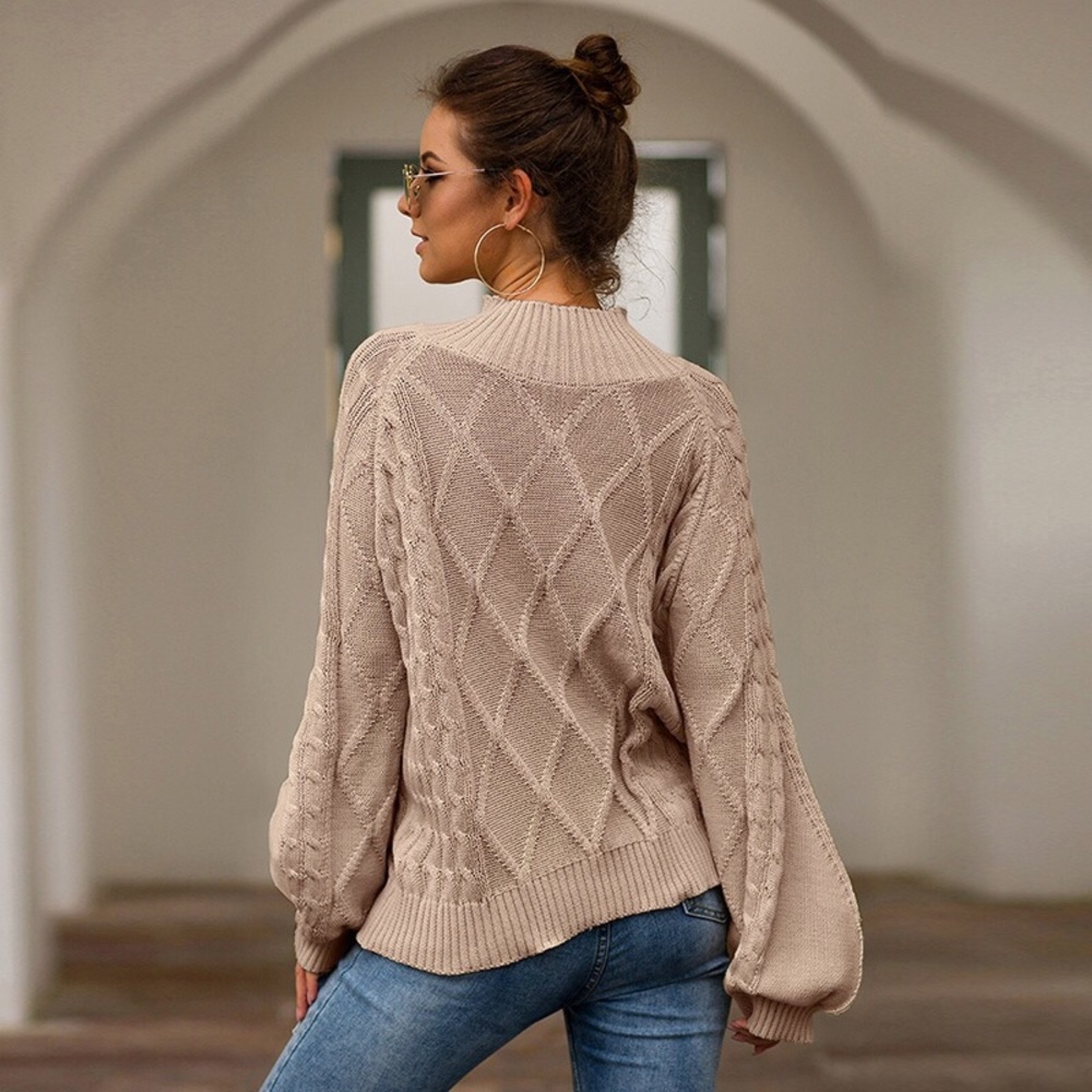 Beige Long Sleeve Mock Turtle Neck Sweater 31175TI - Picture 3 of 9